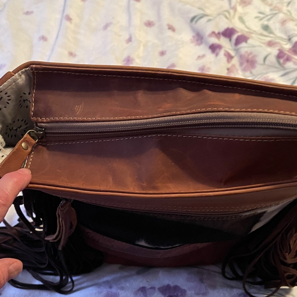 Myra Bag Brown and White Cowhide Fringe Shoulder Bag - Picture 4 of 8